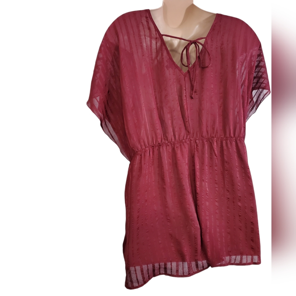 Torrid Burgundy Striped Surplice Babydoll Blouse Short Sleeve ~ New With Tags - Picture 7 of 12